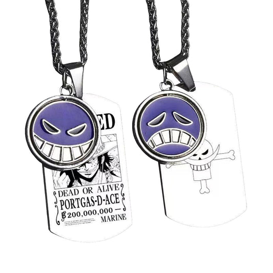 One Piece Portgas D Ace Necklace, Ace Spinning Pendant with Wanted Poster Dog Tag, Anime Whitebeard Pirates Enamel Rotatable Charm Necklace, Cosplay Jewelry Gift for One Piece Fans