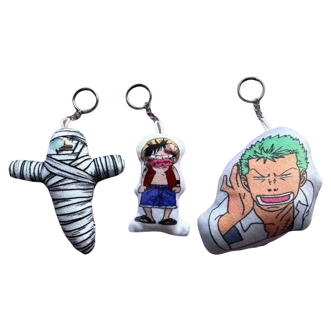 One Piece Anime Plush Keychain, Luffy Zoro Mummy Funny Stuffed Pendant, Cute Double-Sided Printed Plush Key Ring, Bag Backpack Charm Decor, Collectible Gift for One Piece Fans