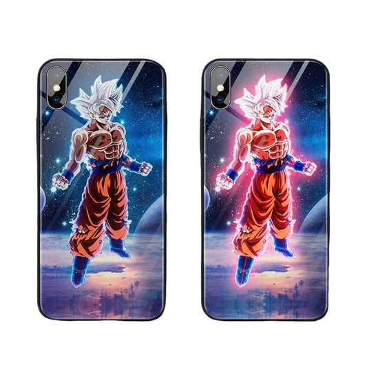 Dragon Ball Z Goku LED Light Up Phone Case, Ultra Instinct Goku Anime Glowing Glass Protective Phone Cover, Sound Activated Flash Case for iPhone, DBZ Dragon Ball Fan Merch Gift