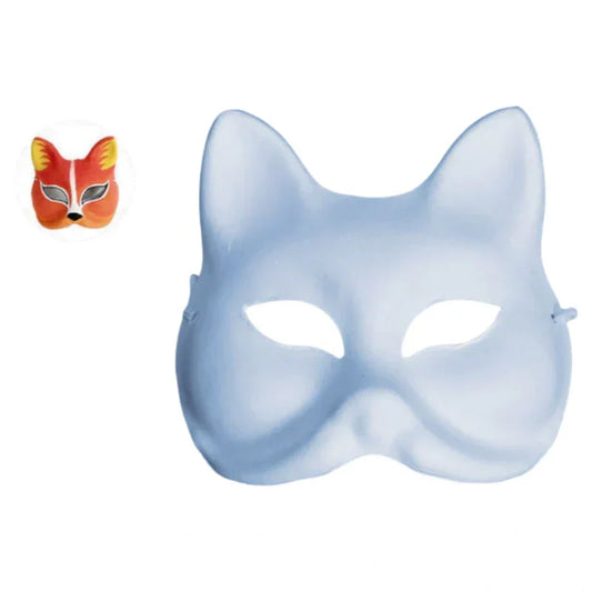 Demon Slayer Blank Paper Mache Fox Cat Mask, Unpainted White Half Face DIY Mask for Hand Painting, Japanese Kitsune Style Craft Mask with Elastic Strap, Masquerade Halloween Cosplay Costume Mask for Adults & Teens