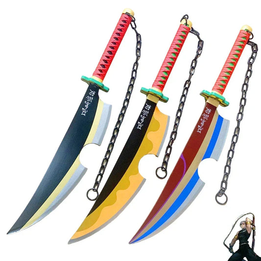 Demon Slayer Tengen Uzui Nichirin Dual Swords Cosplay Prop, Kimetsu No Yaiba Sound Hashira Twin Blade Katana Replica with Chain, Wooden Anime Weapon for Cosplay Costume, Display and Halloween