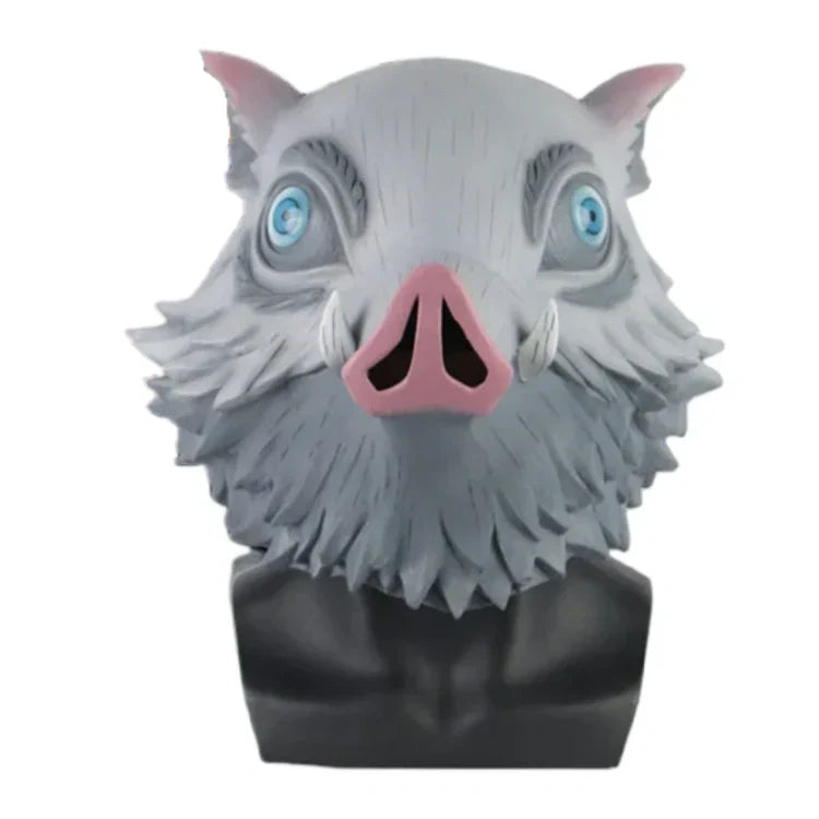 Demon Slayer Inosuke Hashibira Boar Mask, Anime Wild Boar Head Mask with Fluffy Fur, Latex Cosplay Helmet for Halloween Costume Party, Role Play Prop for Demon Slayer Fans