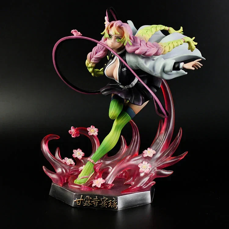 Demon Slayer Mitsuri Kanroji Figure, Love Hashira Mitsuri Kanroji GK Statue, Anime Fighting Pose Figurine with Transparent Effect Base, Collectible Desktop Ornament Gift for Demon Slayer Fans