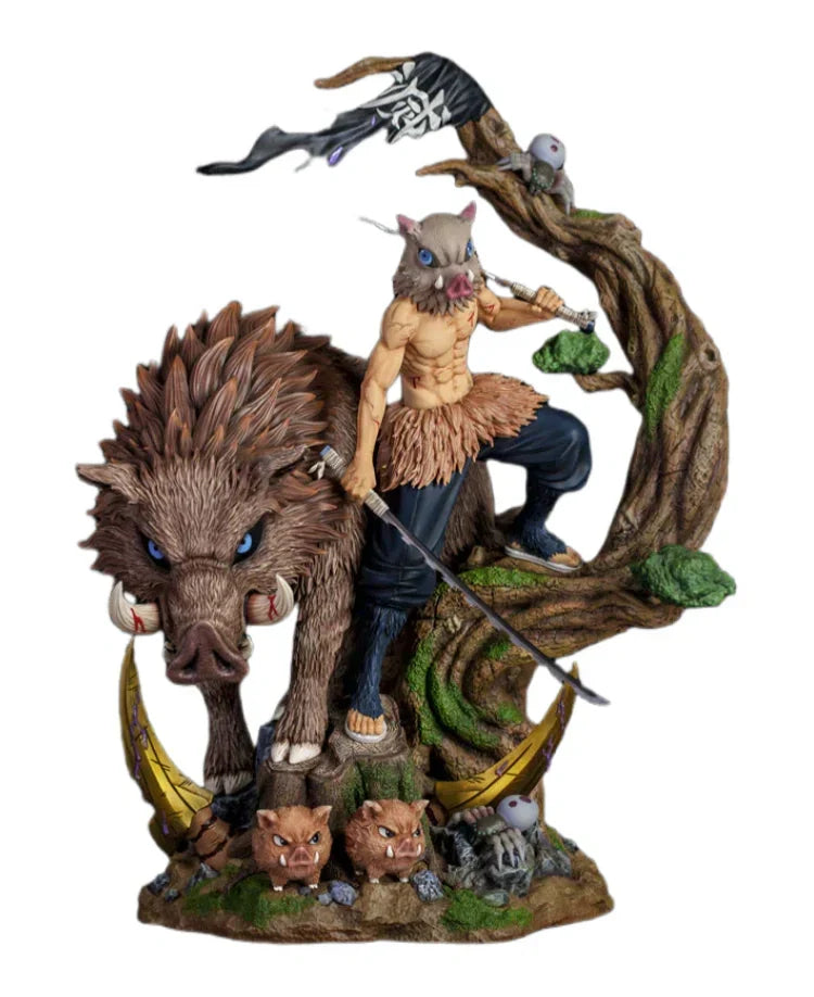 Demon Slayer Inosuke Hashibira Figure, Boar Head Inosuke Resin GK Statue, Anime Hashibira Inosuke with Giant Wild Boar Diorama Figurine, Collectible Desktop Ornament Model Gift for Demon Slayer Fans