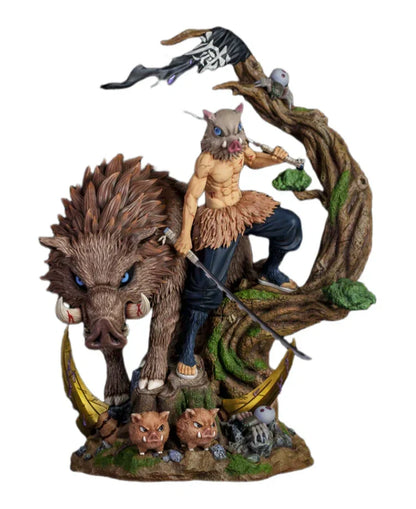 Demon Slayer Inosuke Hashibira Figure, Boar Head Inosuke Resin GK Statue, Anime Hashibira Inosuke with Giant Wild Boar Diorama Figurine, Collectible Desktop Ornament Model Gift for Demon Slayer Fans