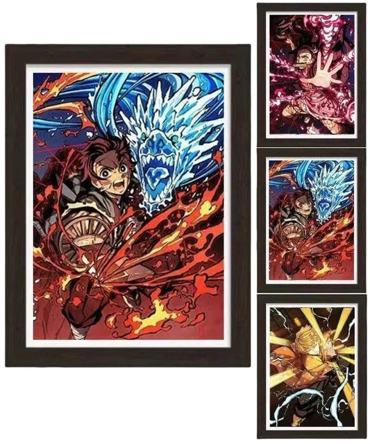 Demon Slayer 3D Lenticular Poster with Frame, Kimetsu no Yaiba Anime Stereo Gradient Wall Art, Flip Changing Picture, Anime Framed Decor Painting for Bedroom Gaming Room, Anime Merch Gift for Demon Slayer Fans
