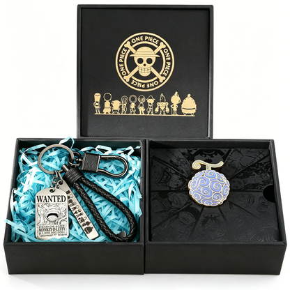 One Piece Monkey D Luffy Roronoa Zoro Portgas D Ace Trafalgar Law Gift Set, Anime Wanted Poster Keychain with Enamel Pin Brooch Collectible Box for Anime Fans