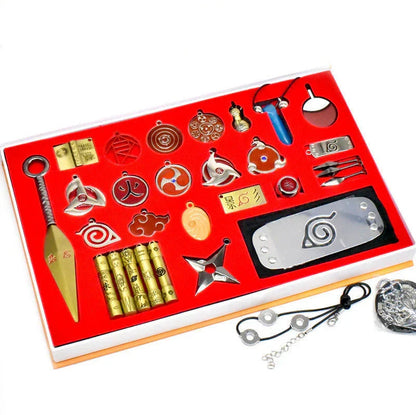 Naruto Anime 25 Pcs Collectible Gift Set, Ninja Weapon Kunai Shuriken Headband Ring Necklace Pendant, Naruto Cosplay Metal Accessory Kit, Anime Collection Box Gift for Naruto Fans