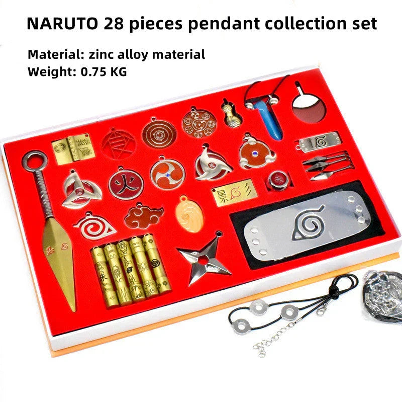 Naruto Anime 25 Pcs Collectible Gift Set, Ninja Weapon Kunai Shuriken Headband Ring Necklace Pendant, Naruto Cosplay Metal Accessory Kit, Anime Collection Box Gift for Naruto Fans