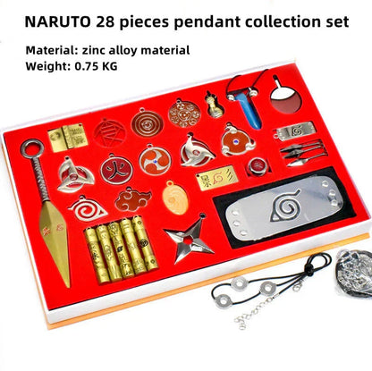Naruto Anime 25 Pcs Collectible Gift Set, Ninja Weapon Kunai Shuriken Headband Ring Necklace Pendant, Naruto Cosplay Metal Accessory Kit, Anime Collection Box Gift for Naruto Fans