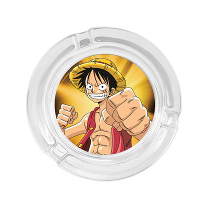 One Piece Anime Glass Ashtray, Luffy Zoro Ace Sanji Round Cigarette Ashtray, Portable Clear Glass Ash Tray with Character Print, Desktop Decor Collectible Gift for One Piece Fans