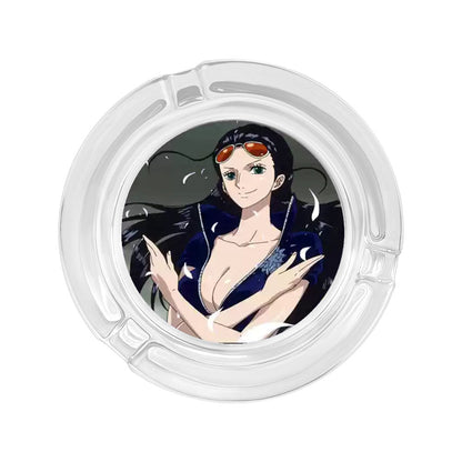 One Piece Anime Glass Ashtray, Luffy Zoro Ace Sanji Round Cigarette Ashtray, Portable Clear Glass Ash Tray with Character Print, Desktop Decor Collectible Gift for One Piece Fans