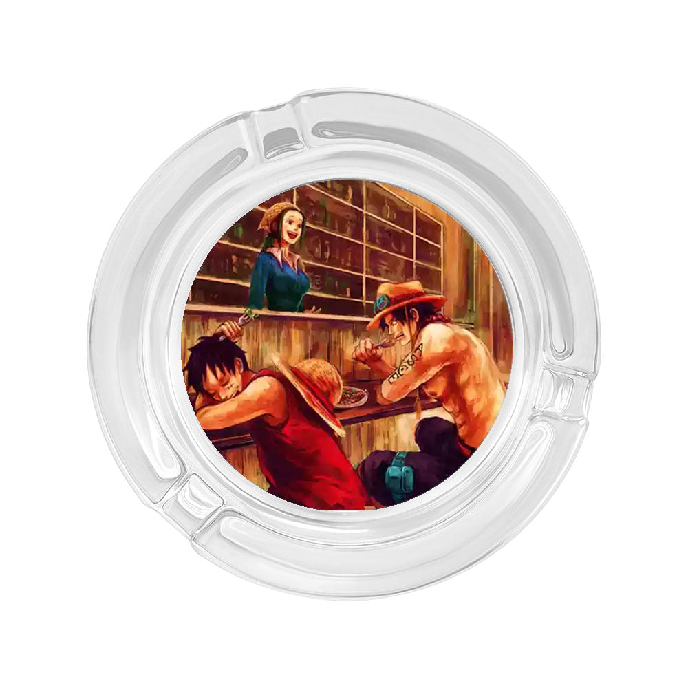 One Piece Anime Glass Ashtray, Luffy Zoro Ace Sanji Round Cigarette Ashtray, Portable Clear Glass Ash Tray with Character Print, Desktop Decor Collectible Gift for One Piece Fans