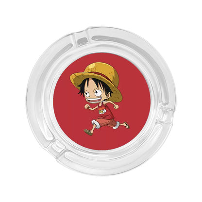 One Piece Anime Glass Ashtray, Luffy Zoro Ace Sanji Round Cigarette Ashtray, Portable Clear Glass Ash Tray with Character Print, Desktop Decor Collectible Gift for One Piece Fans