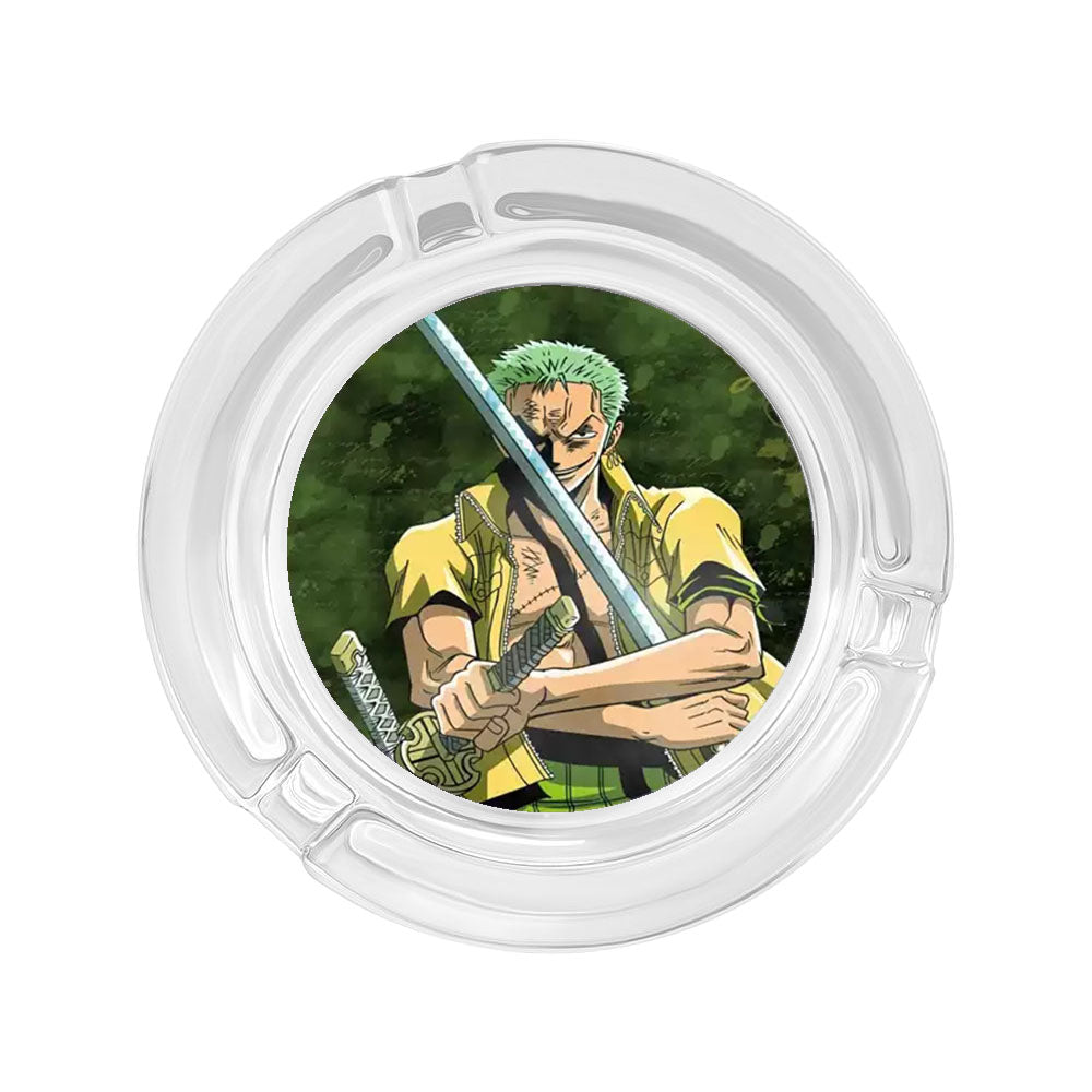 One Piece Anime Glass Ashtray, Luffy Zoro Ace Sanji Round Cigarette Ashtray, Portable Clear Glass Ash Tray with Character Print, Desktop Decor Collectible Gift for One Piece Fans
