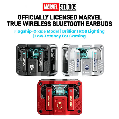 Marvel Iron Man Captain America Black Panther TWS True Wireless Gaming Earbuds, Bluetooth 5.3 Headphones RGB Light Low Latency Touch Control Zinc‑Alloy Transparent Charging Case