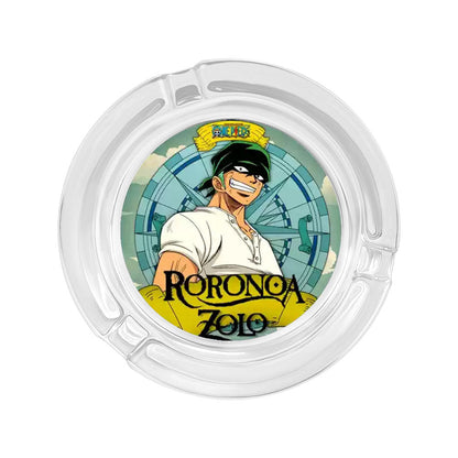 One Piece Anime Glass Ashtray, Luffy Zoro Ace Sanji Round Cigarette Ashtray, Portable Clear Glass Ash Tray with Character Print, Desktop Decor Collectible Gift for One Piece Fans