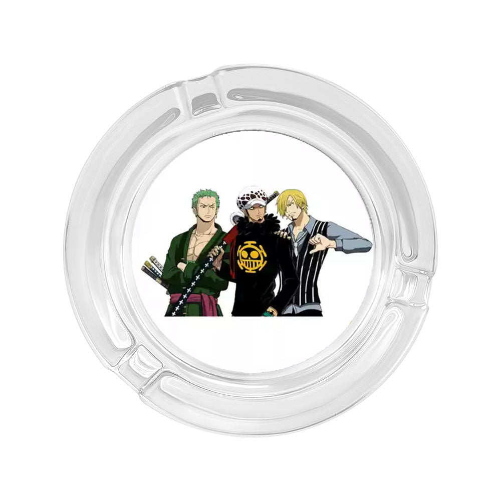 One Piece Anime Glass Ashtray, Luffy Zoro Ace Sanji Round Cigarette Ashtray, Portable Clear Glass Ash Tray with Character Print, Desktop Decor Collectible Gift for One Piece Fans