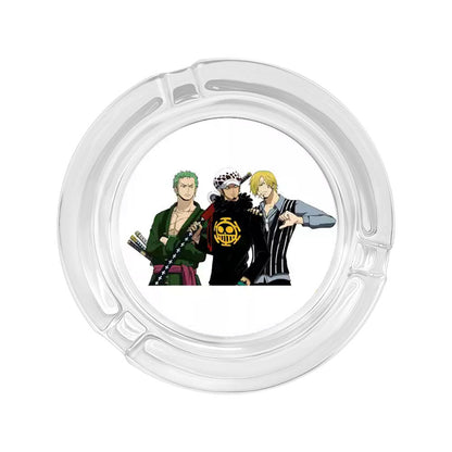 One Piece Anime Glass Ashtray, Luffy Zoro Ace Sanji Round Cigarette Ashtray, Portable Clear Glass Ash Tray with Character Print, Desktop Decor Collectible Gift for One Piece Fans