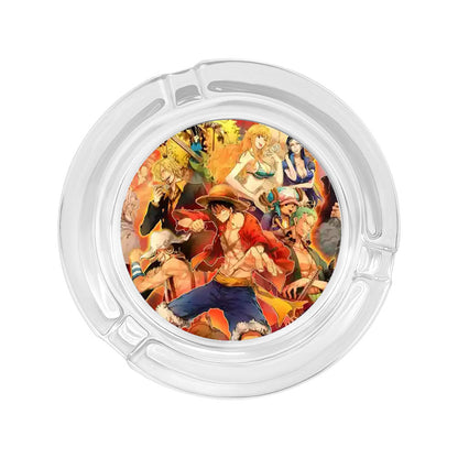 One Piece Anime Glass Ashtray, Luffy Zoro Ace Sanji Round Cigarette Ashtray, Portable Clear Glass Ash Tray with Character Print, Desktop Decor Collectible Gift for One Piece Fans