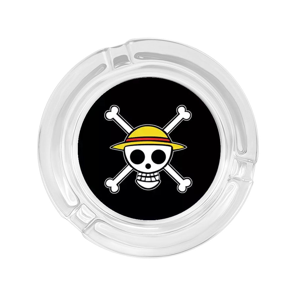 One Piece Anime Glass Ashtray, Luffy Zoro Ace Sanji Round Cigarette Ashtray, Portable Clear Glass Ash Tray with Character Print, Desktop Decor Collectible Gift for One Piece Fans
