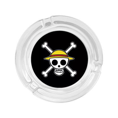 One Piece Anime Glass Ashtray, Luffy Zoro Ace Sanji Round Cigarette Ashtray, Portable Clear Glass Ash Tray with Character Print, Desktop Decor Collectible Gift for One Piece Fans