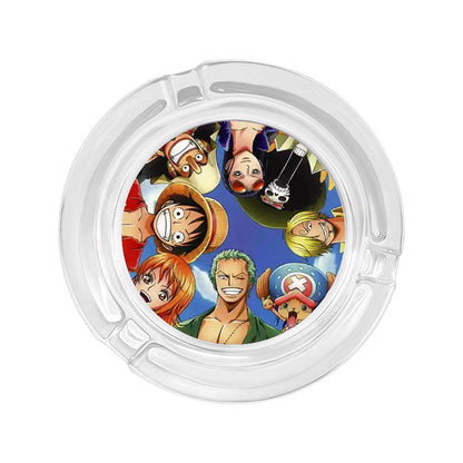 One Piece Anime Glass Ashtray, Luffy Zoro Ace Sanji Round Cigarette Ashtray, Portable Clear Glass Ash Tray with Character Print, Desktop Decor Collectible Gift for One Piece Fans