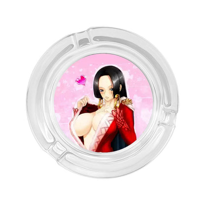 One Piece Anime Glass Ashtray, Luffy Zoro Ace Sanji Round Cigarette Ashtray, Portable Clear Glass Ash Tray with Character Print, Desktop Decor Collectible Gift for One Piece Fans