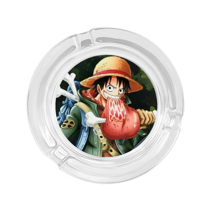 One Piece Anime Glass Ashtray, Luffy Zoro Ace Sanji Round Cigarette Ashtray, Portable Clear Glass Ash Tray with Character Print, Desktop Decor Collectible Gift for One Piece Fans
