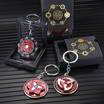 Naruto Anime Sharingan Rotatable Keychain, Uchiha Clan Rotating Sharingan Metal Key Ring, Akatsuki Red Cloud Pendant, Anime Cosplay Accessory, Collectible Key Chain Gift for Naruto Fans