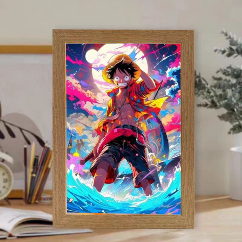 One Piece Anime LED Light Up Painting, Luffy Zoro Sanji Nami Framed Light Canvas Wall Art, Anime Poster Lamp, Wooden Frame Illuminated Wall Decor, One Piece Fan Room Decoration Gift