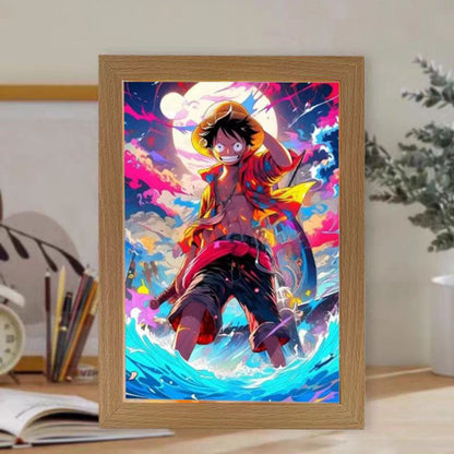 One Piece Anime LED Light Up Painting, Luffy Zoro Sanji Nami Framed Light Canvas Wall Art, Anime Poster Lamp, Wooden Frame Illuminated Wall Decor, One Piece Fan Room Decoration Gift