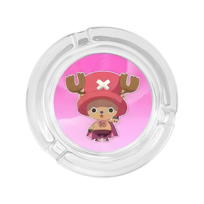 One Piece Anime Glass Ashtray, Luffy Zoro Ace Sanji Round Cigarette Ashtray, Portable Clear Glass Ash Tray with Character Print, Desktop Decor Collectible Gift for One Piece Fans