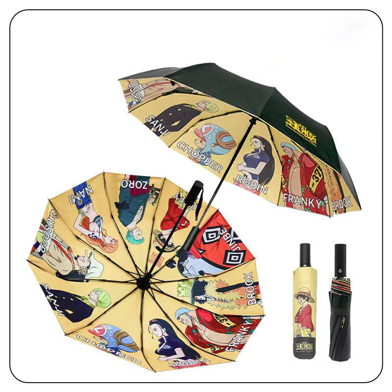 One Piece Anime Folding Umbrella, Luffy Straw Hat Crew Print Sun Rain Umbrella, Inner Cartoon Pattern Portable Auto Open Close Umbrella, UV Protection Parasol, Anime Merch Gift for One Piece Fans