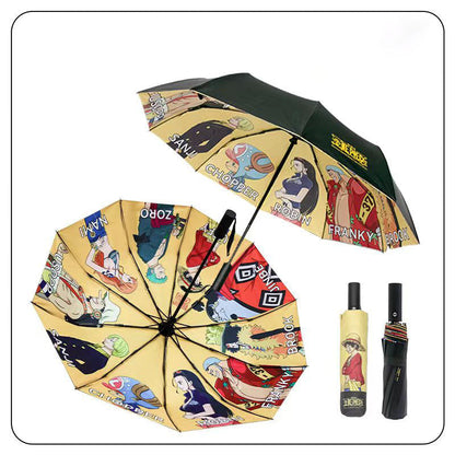 One Piece Anime Folding Umbrella, Luffy Straw Hat Crew Print Sun Rain Umbrella, Inner Cartoon Pattern Portable Auto Open Close Umbrella, UV Protection Parasol, Anime Merch Gift for One Piece Fans