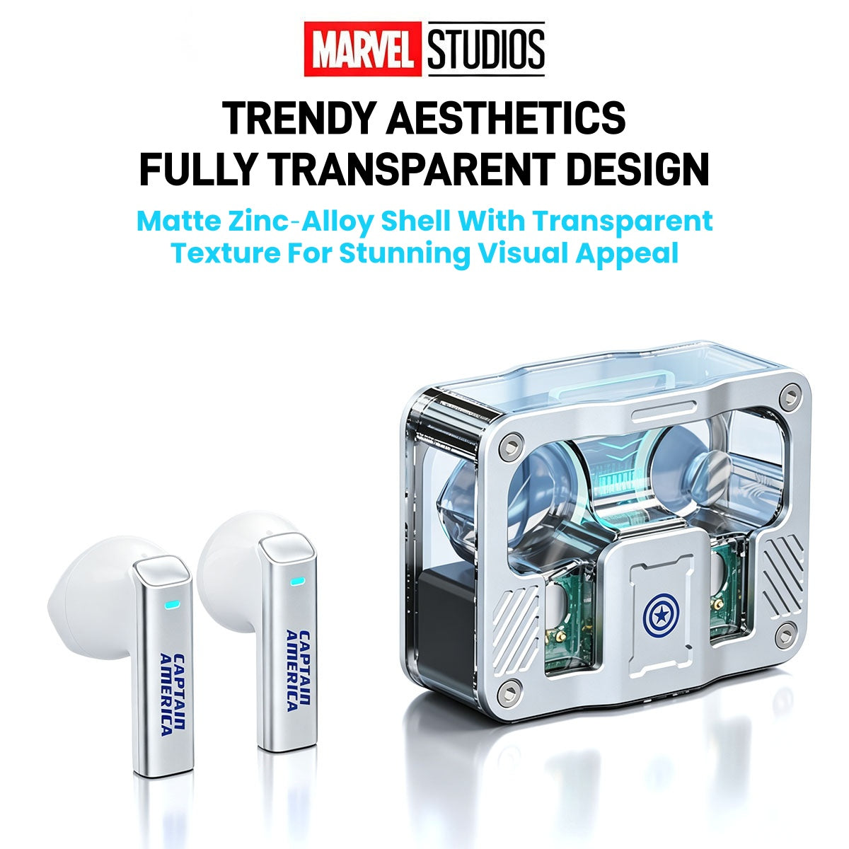 Marvel Iron Man Captain America Black Panther TWS True Wireless Gaming Earbuds, Bluetooth 5.3 Headphones RGB Light Low Latency Touch Control Zinc‑Alloy Transparent Charging Case