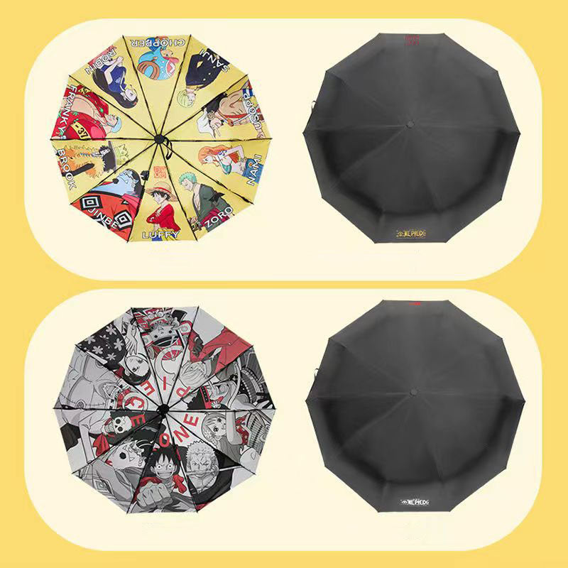 One Piece Anime Folding Umbrella, Luffy Straw Hat Crew Print Sun Rain Umbrella, Inner Cartoon Pattern Portable Auto Open Close Umbrella, UV Protection Parasol, Anime Merch Gift for One Piece Fans