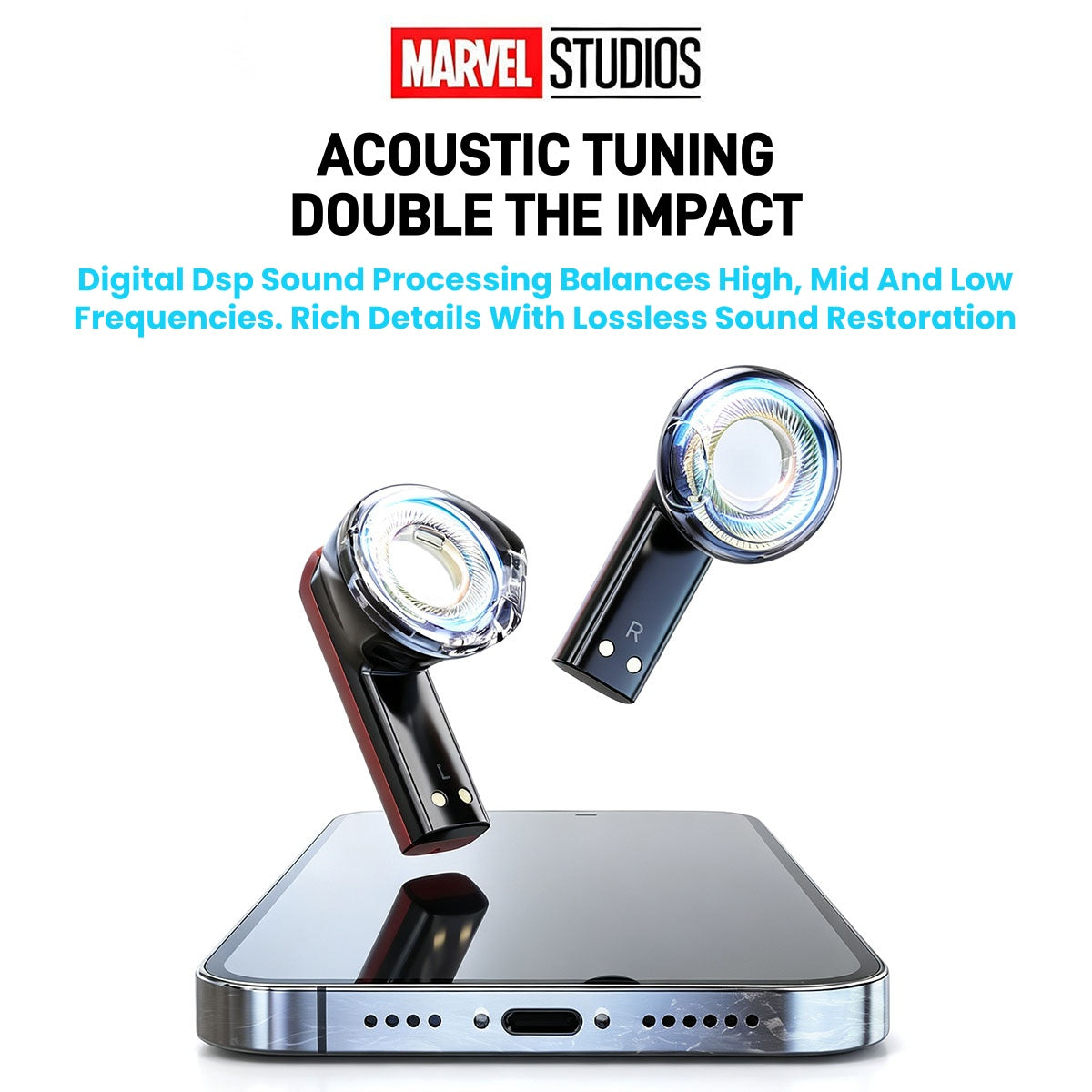 Marvel Iron Man Captain America Black Panther TWS True Wireless Gaming Earbuds, Bluetooth 5.3 Headphones RGB Light Low Latency Touch Control Zinc‑Alloy Transparent Charging Case