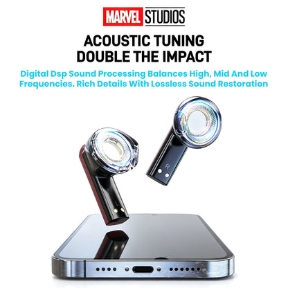 Marvel Iron Man Captain America Black Panther TWS True Wireless Gaming Earbuds, Bluetooth 5.3 Headphones RGB Light Low Latency Touch Control Zinc‑Alloy Transparent Charging Case