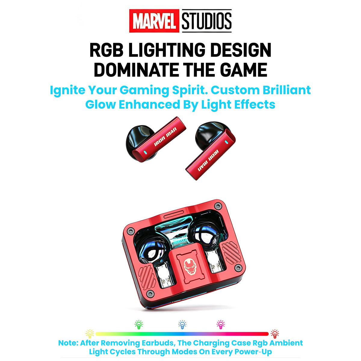Marvel Iron Man Captain America Black Panther TWS True Wireless Gaming Earbuds, Bluetooth 5.3 Headphones RGB Light Low Latency Touch Control Zinc‑Alloy Transparent Charging Case