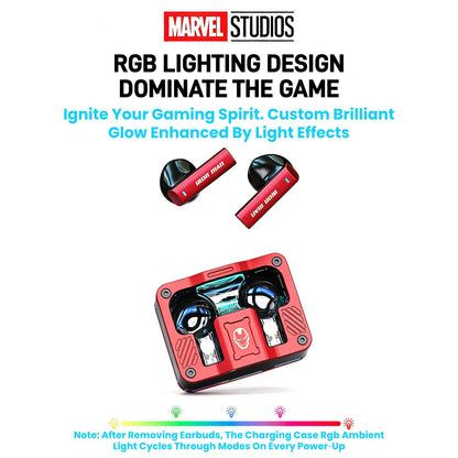 Marvel Iron Man Captain America Black Panther TWS True Wireless Gaming Earbuds, Bluetooth 5.3 Headphones RGB Light Low Latency Touch Control Zinc‑Alloy Transparent Charging Case
