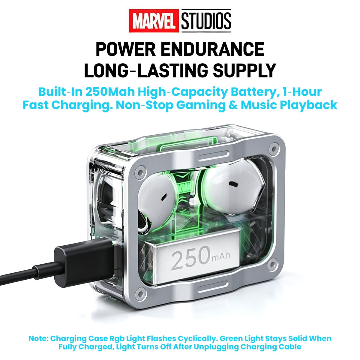 Marvel Iron Man Captain America Black Panther TWS True Wireless Gaming Earbuds, Bluetooth 5.3 Headphones RGB Light Low Latency Touch Control Zinc‑Alloy Transparent Charging Case