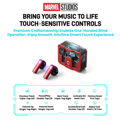 Marvel Iron Man Captain America Black Panther TWS True Wireless Gaming Earbuds, Bluetooth 5.3 Headphones RGB Light Low Latency Touch Control Zinc‑Alloy Transparent Charging Case