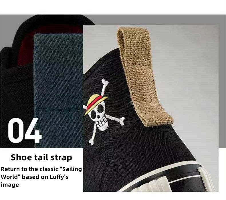 One Piece Luffy High Top Canvas Sneakers for Men Women, Black Anime Embroidery Skull Logo Skate Shoes, Unisex Lace-Up Thick Ribbed Cookie Sole Streetwear Cosplay Casual Shoes, Anime Fan Collectible Gift