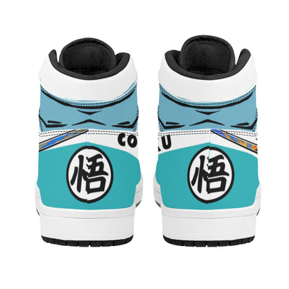 Dragon Ball Goku Super Saiyan Blue Anime High Top Sneakers, Teal White Orange Custom Print Streetwear Shoes, Men Women Casual Fashion Sneakers, Anime Fan Collectible Footwear Gift