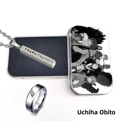 Naruto Uzumaki Anime Jewelry Set, Engraved Name Bar Pendant Necklace + Konoha Symbol Ring, Metal Collectible Gift Box, Anime Cosplay Accessory Gift Set for Naruto Fans