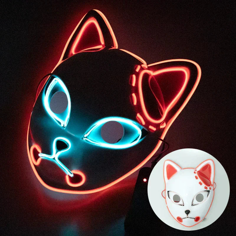 Demon Slayer Anime Cosplay Mask, Inosuke Boar Mask & LED Glowing Cat Fox Mask, Kimetsu no Yaiba Halloween Party Costume Prop, Light Up Anime Mask for Cosplay, Halloween Carnival Dress Up Gift