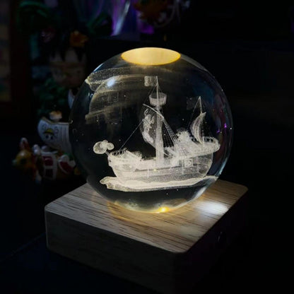 One Piece Thousand Sunny & Going Merry 3D Laser Engraved Crystal Ball Night Light, Anime Pirate Ship Crystal Sphere Lamp, USB Powered Wooden LED Base, Desk Decor Collectible Gift for One Piece Fans