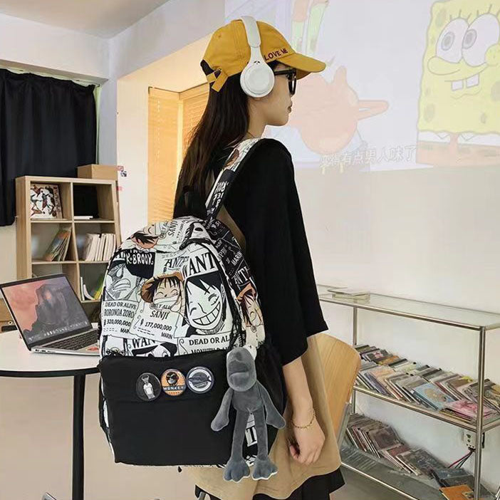 One Piece Anime Newspaper Print Backpack, Luffy Comic Collage School Bag with Plush Pendant, Large Capacity Casual Daypack, Multiple Pockets Lightweight Laptop Backpack for Teens Students Outdoor Travel
