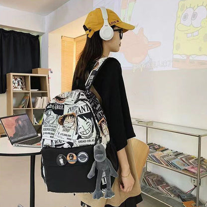 One Piece Anime Newspaper Print Backpack, Luffy Comic Collage School Bag with Plush Pendant, Large Capacity Casual Daypack, Multiple Pockets Lightweight Laptop Backpack for Teens Students Outdoor Travel